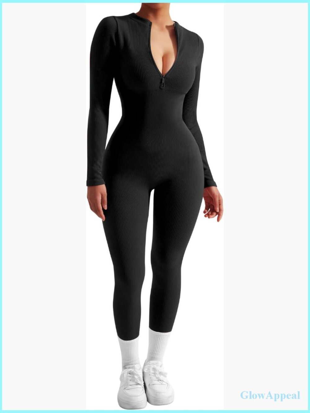 Women's Long Sleeve Ribbed Jumpsuit Zip Front Workout Bodycon Romper